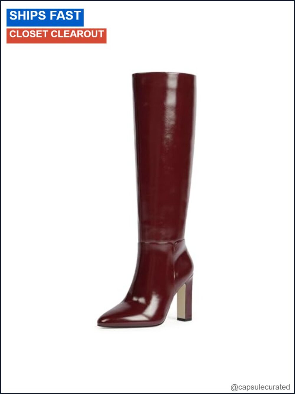 Women's Knee High Block Heel Boots Faux Leather Almond Toe Side Zip